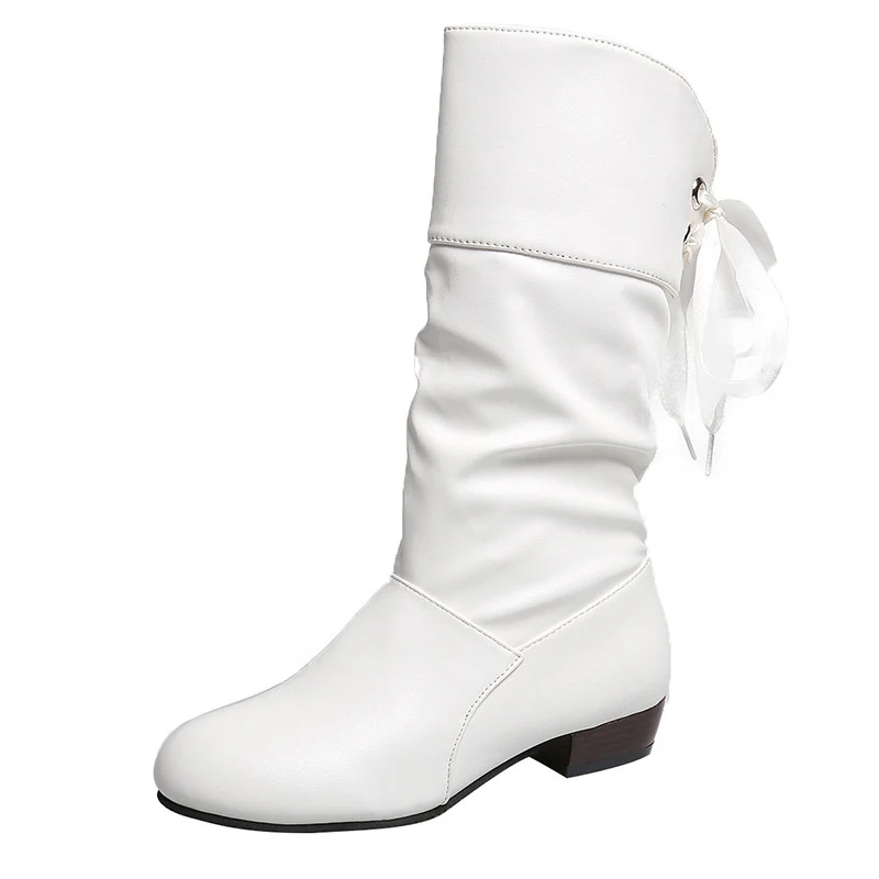 Damen Wadenhohe Slouch‑Stiefel mit dekorativem Satinschnürband und niedrigem Blockabsatz Drune