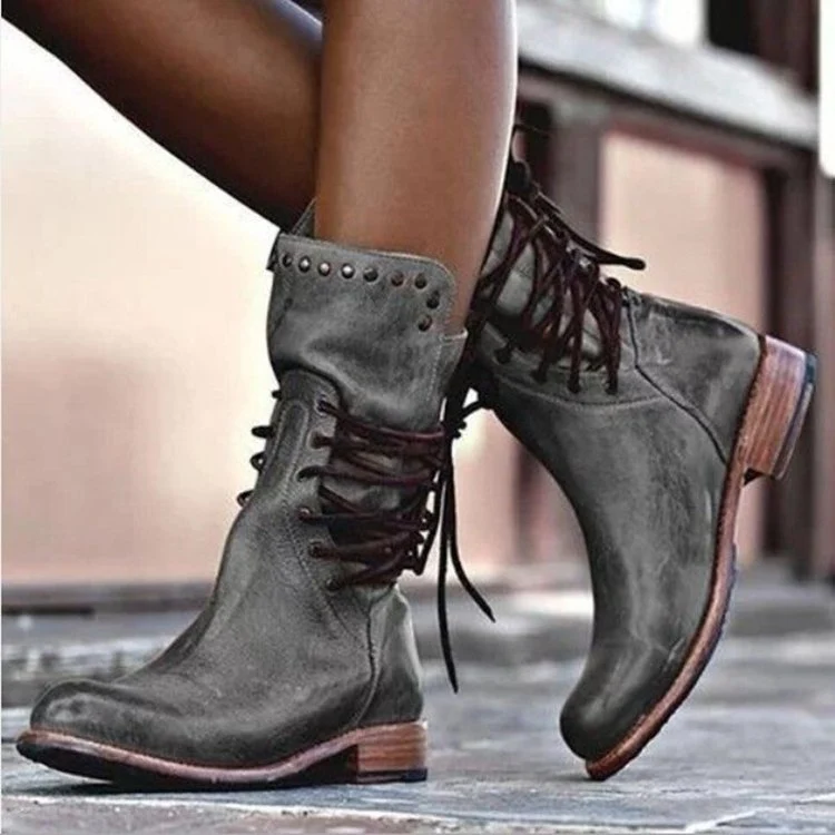Damen Vintage-Leder Schnürstiefel mit Nietenbesatz und mittlerem Blockabsatz Drune