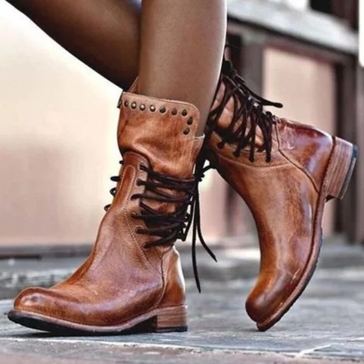 Damen Vintage-Leder Schnürstiefel mit Nietenbesatz und mittlerem Blockabsatz Drune