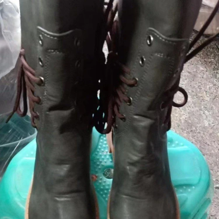 Damen Vintage-Leder Schnürstiefel mit Nietenbesatz und mittlerem Blockabsatz Drune
