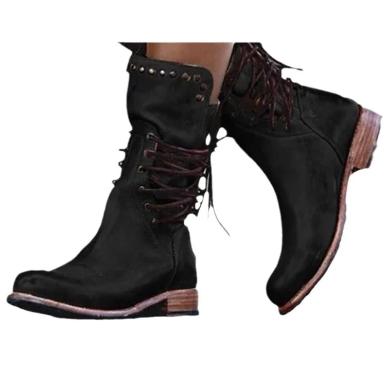 Damen Vintage-Leder Schnürstiefel mit Nietenbesatz und mittlerem Blockabsatz Drune