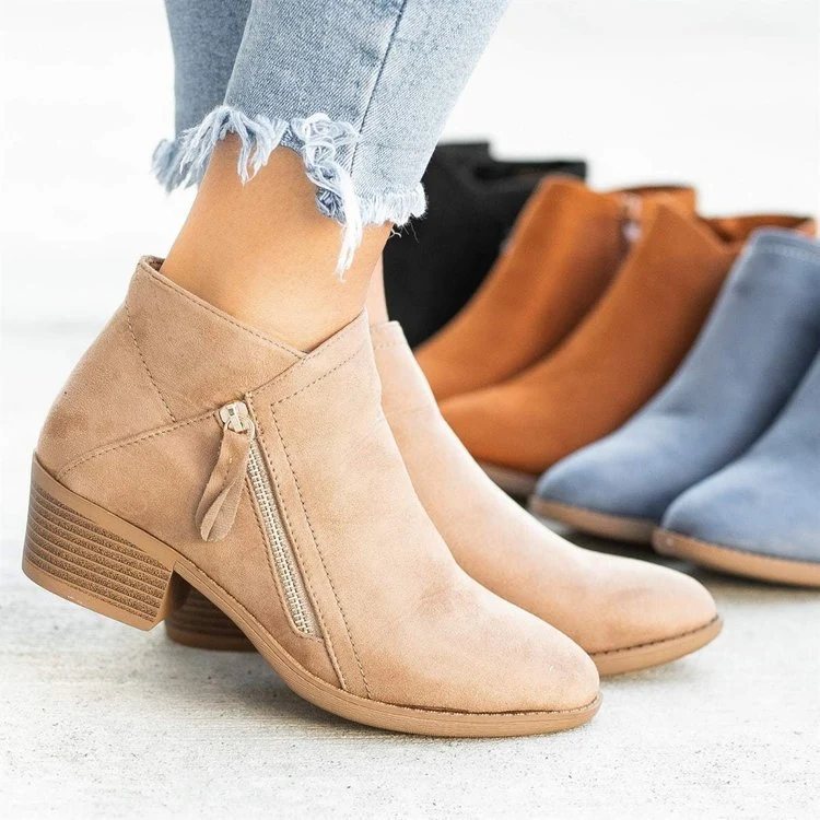 Damen Veloursoptik Ankleboots mit seitlichem Reißverschluss und breitem Blockabsatz Drune