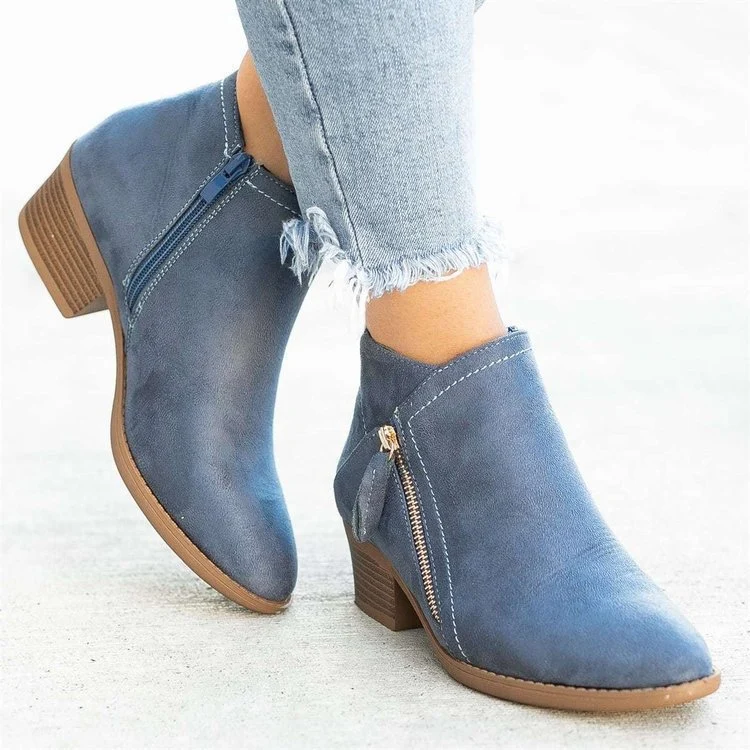 Damen Veloursoptik Ankleboots mit seitlichem Reißverschluss und breitem Blockabsatz Drune
