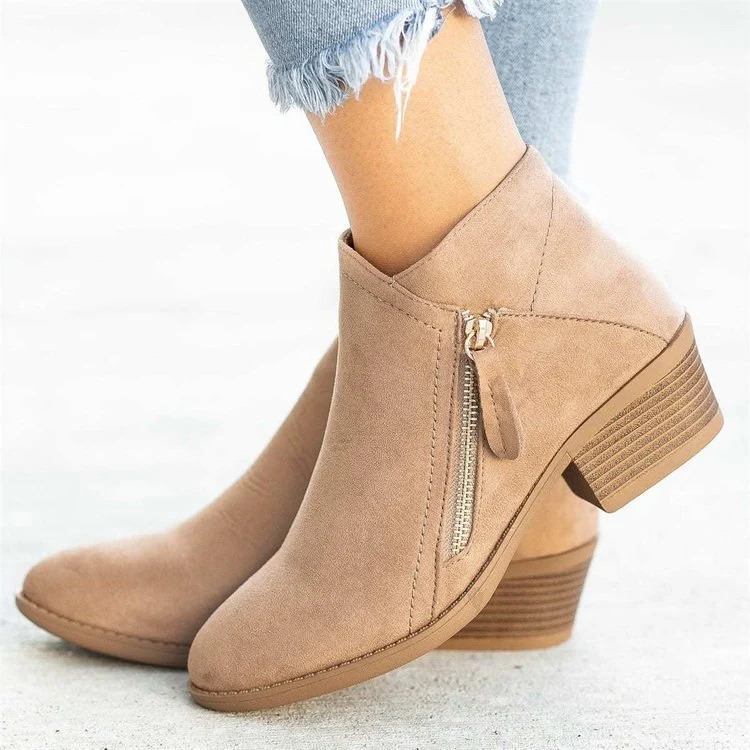 Damen Veloursoptik Ankleboots mit seitlichem Reißverschluss und breitem Blockabsatz Drune