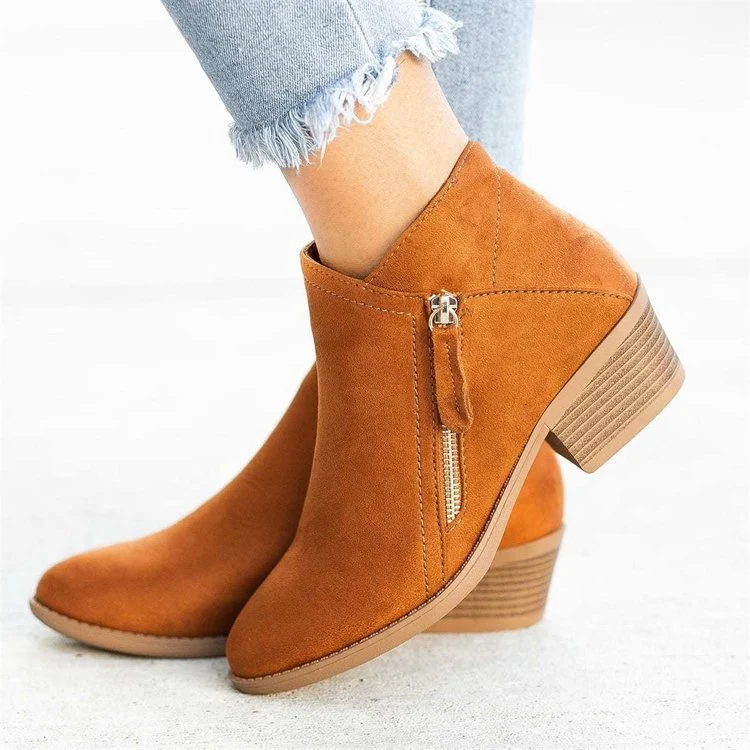 Damen Veloursoptik Ankleboots mit seitlichem Reißverschluss und breitem Blockabsatz Drune
