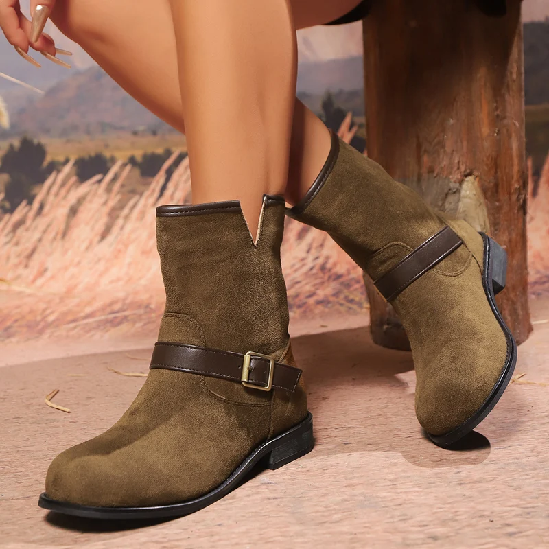 Damen Velours-Ankleboots mit Ziergurt und Schnallenakzent Drune