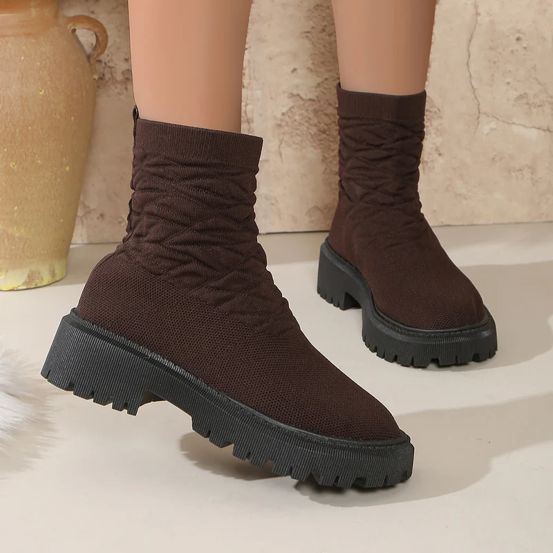Damen Strick‑Sock‑Boots mit elastischem Schaft und grober Lug‑Sohle Drune