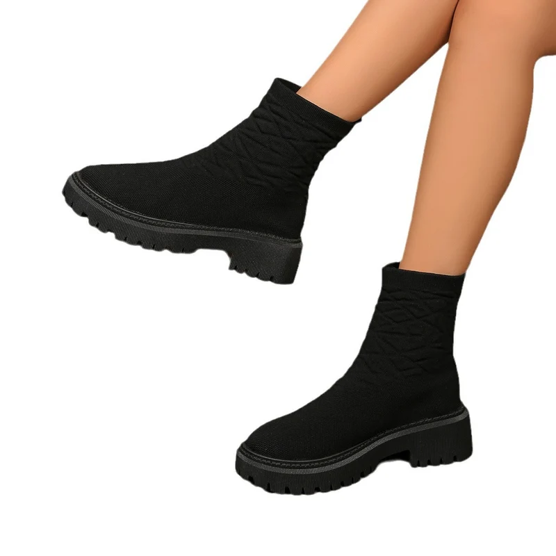 Damen Strick‑Sock‑Boots mit elastischem Schaft und grober Lug‑Sohle Drune