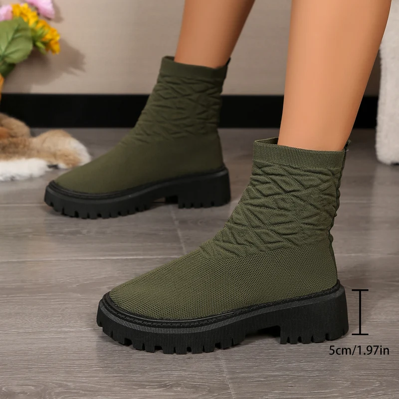Damen Strick‑Sock‑Boots mit elastischem Schaft und grober Lug‑Sohle Drune