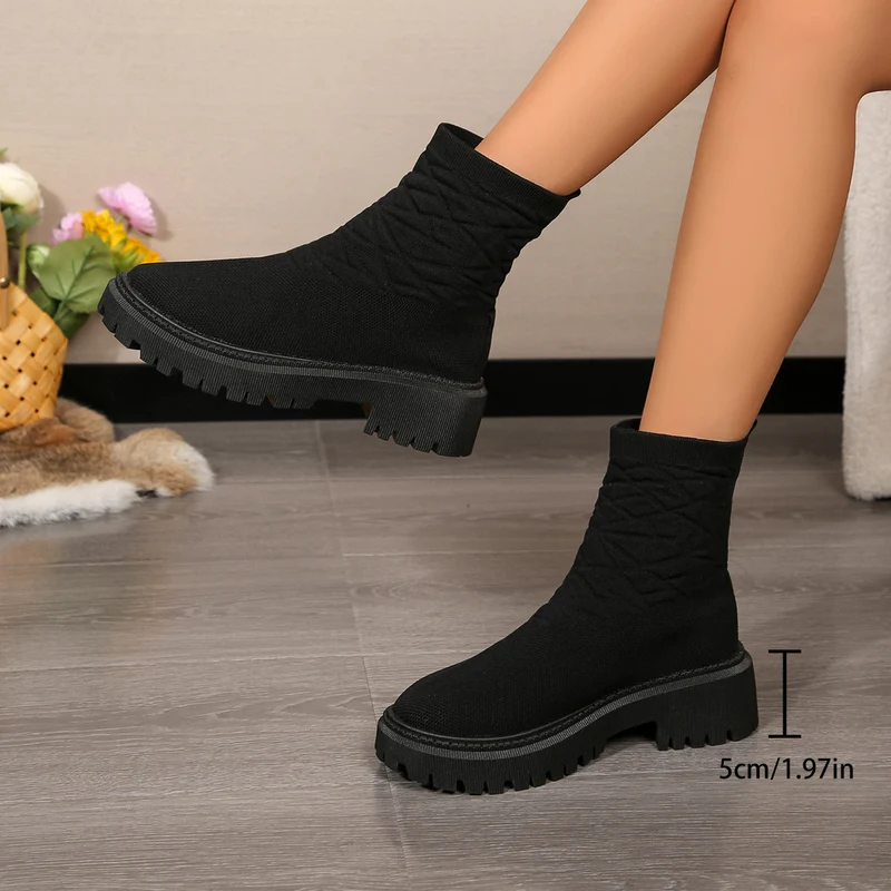 Damen Strick‑Sock‑Boots mit elastischem Schaft und grober Lug‑Sohle Drune