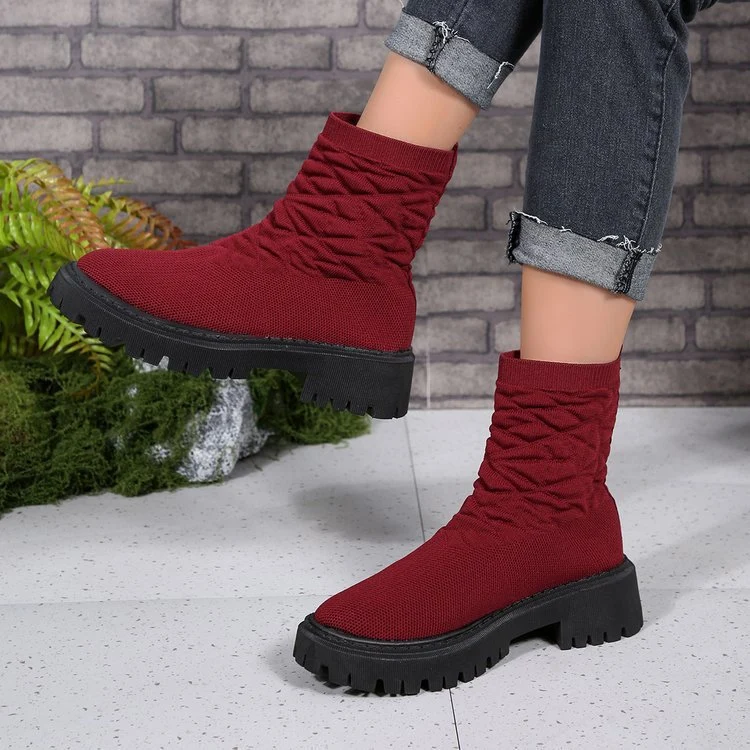 Damen Strick‑Sock‑Boots mit elastischem Schaft und grober Lug‑Sohle Drune