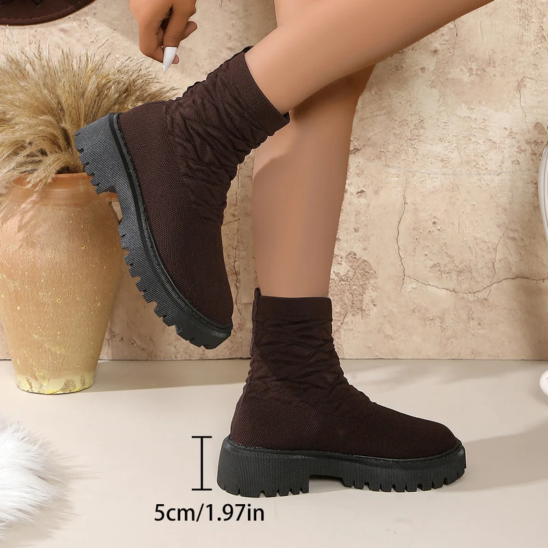 Damen Strick‑Sock‑Boots mit elastischem Schaft und grober Lug‑Sohle Drune