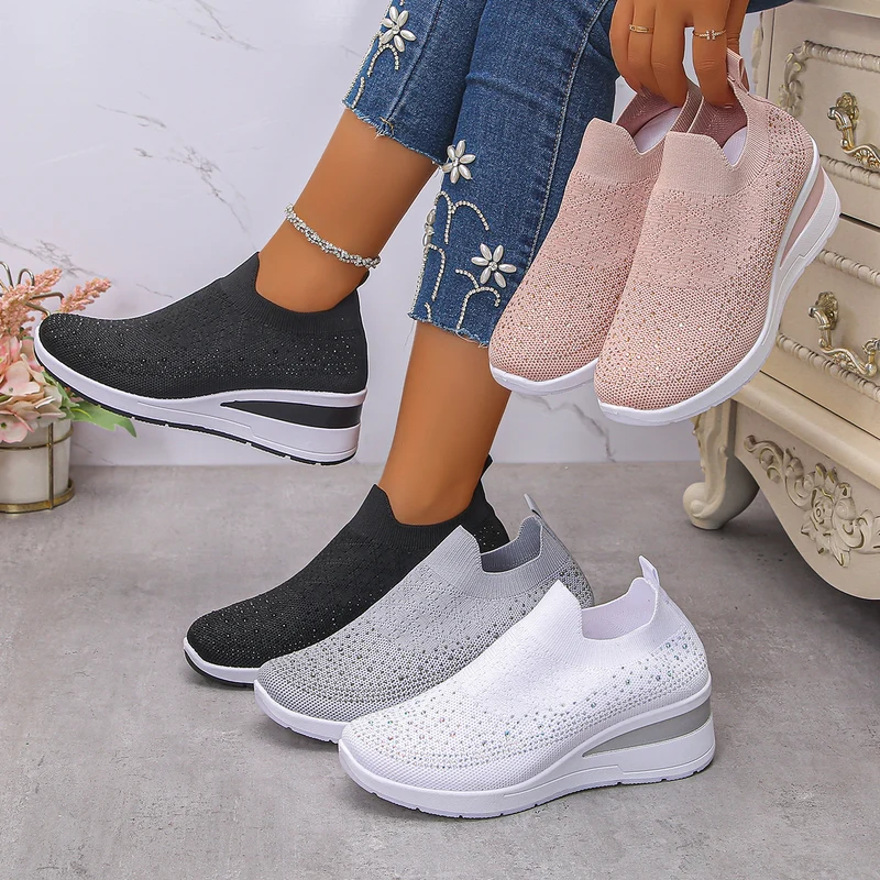 Damen Strick‑Slip‑On‑Sneaker mit verstecktem Keil und Glitzerapplikation Drune