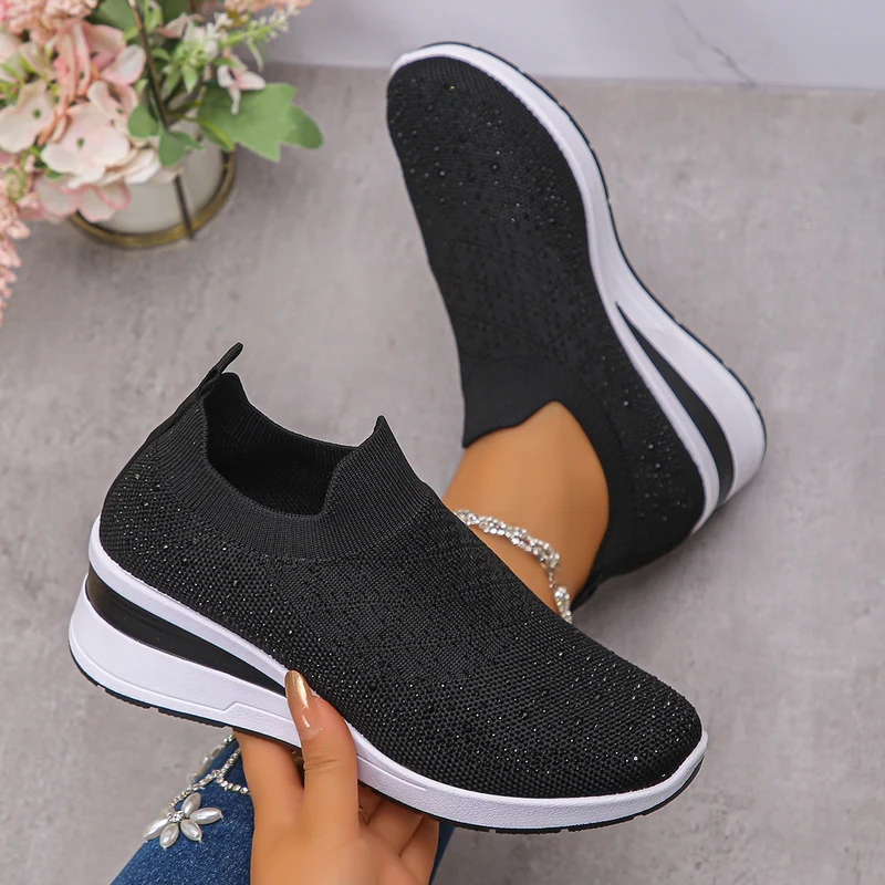Damen Strick‑Slip‑On‑Sneaker mit verstecktem Keil und Glitzerapplikation Drune