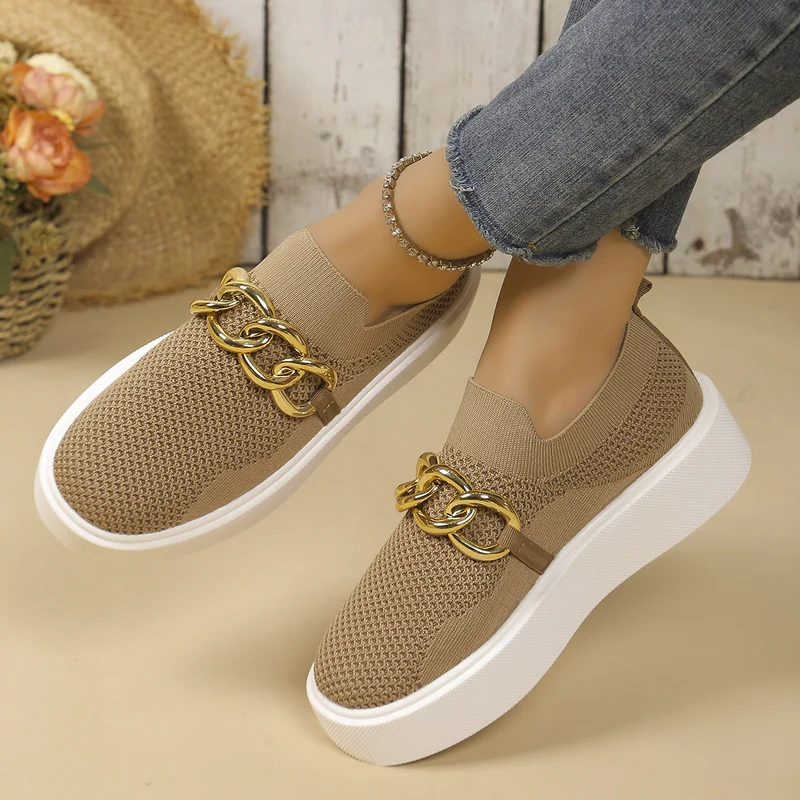 Damen Strick‑Slip‑On Sneaker mit Plateau‑Sohle und auffälliger Metallkettendeko Drune