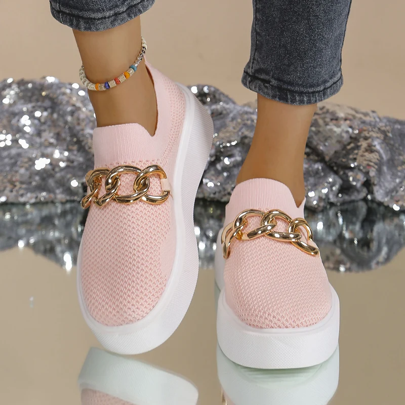 Damen Strick‑Slip‑On Sneaker mit Plateau‑Sohle und auffälliger Metallkettendeko Drune
