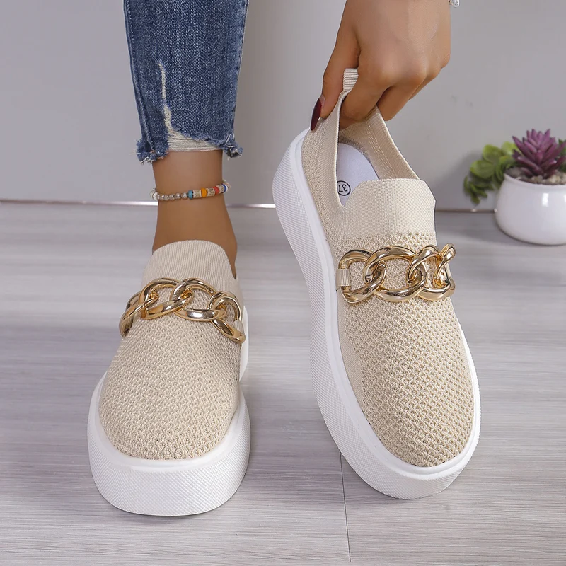 Damen Strick‑Slip‑On Sneaker mit Plateau‑Sohle und auffälliger Metallkettendeko Drune