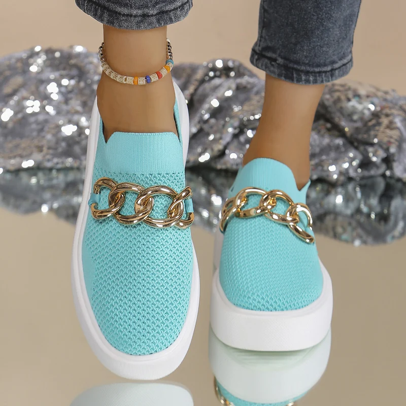 Damen Strick‑Slip‑On Sneaker mit Plateau‑Sohle und auffälliger Metallkettendeko Drune