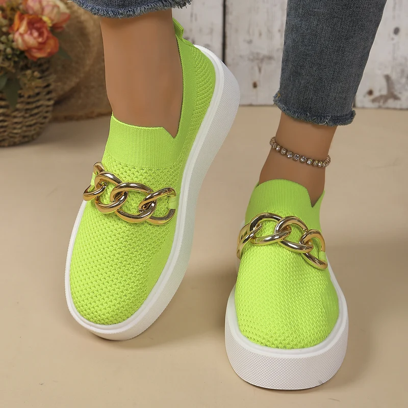 Damen Strick‑Slip‑On Sneaker mit Plateau‑Sohle und auffälliger Metallkettendeko Drune