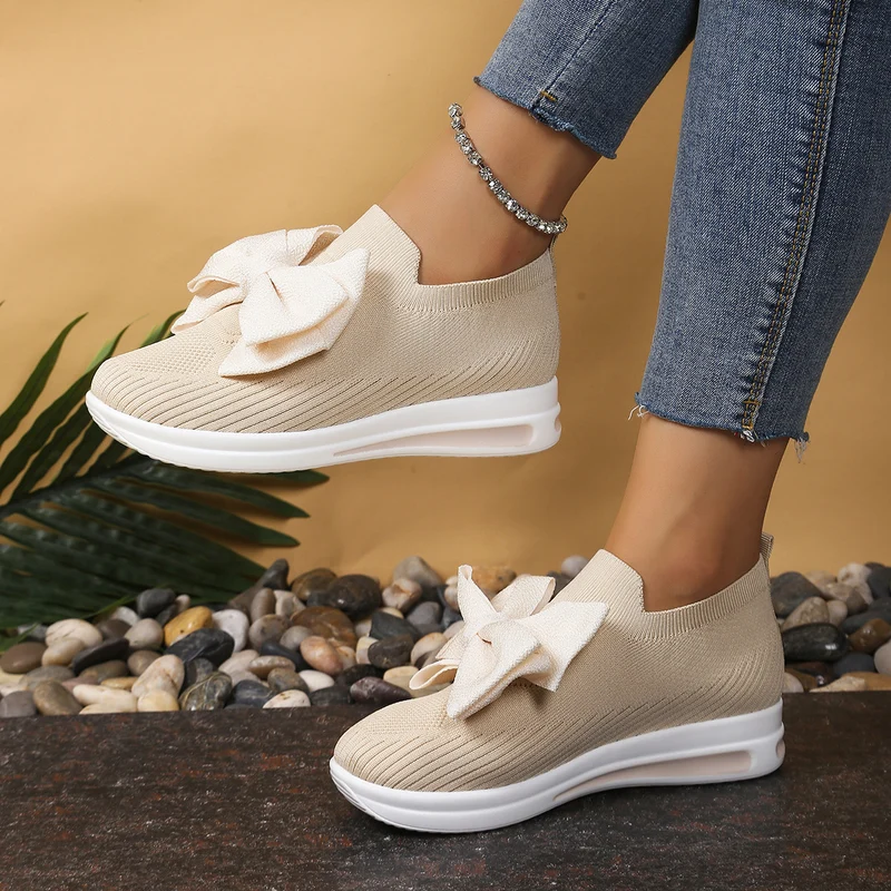 Damen Strick‑Slip‑On‑Sneaker mit großer dekorativer Schleife und atmungsaktiver Strickstruktur Drune