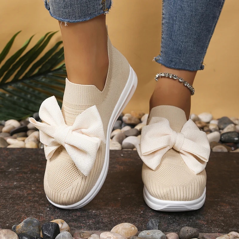 Damen Strick‑Slip‑On‑Sneaker mit großer dekorativer Schleife und atmungsaktiver Strickstruktur Drune