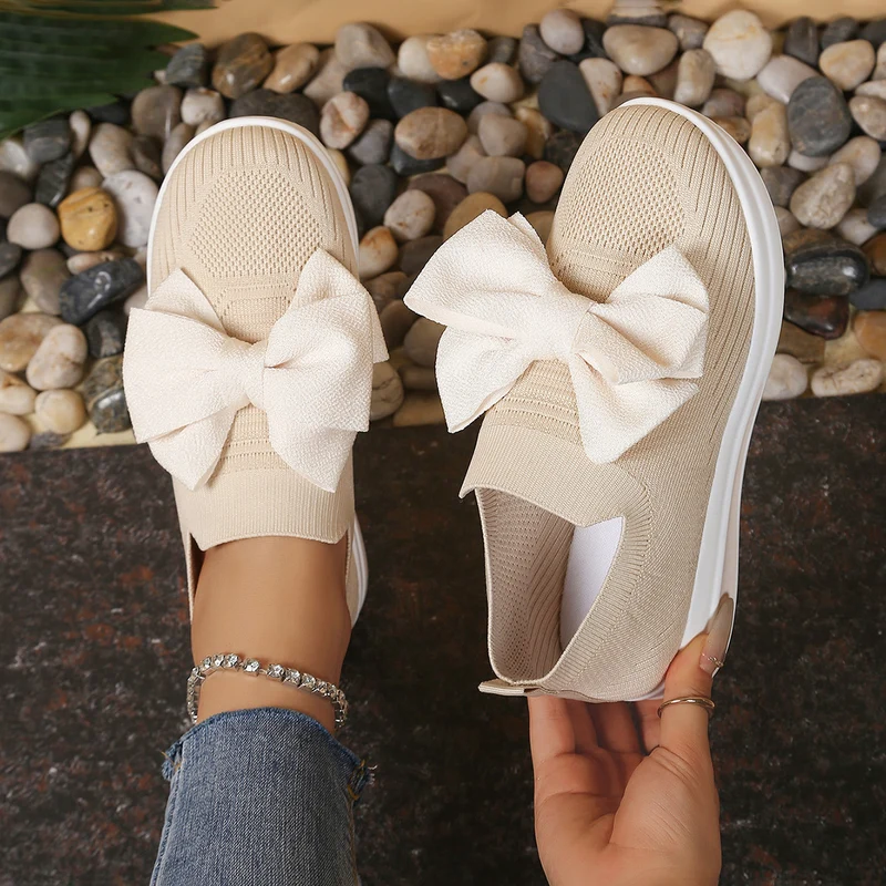 Damen Strick‑Slip‑On‑Sneaker mit großer dekorativer Schleife und atmungsaktiver Strickstruktur Drune