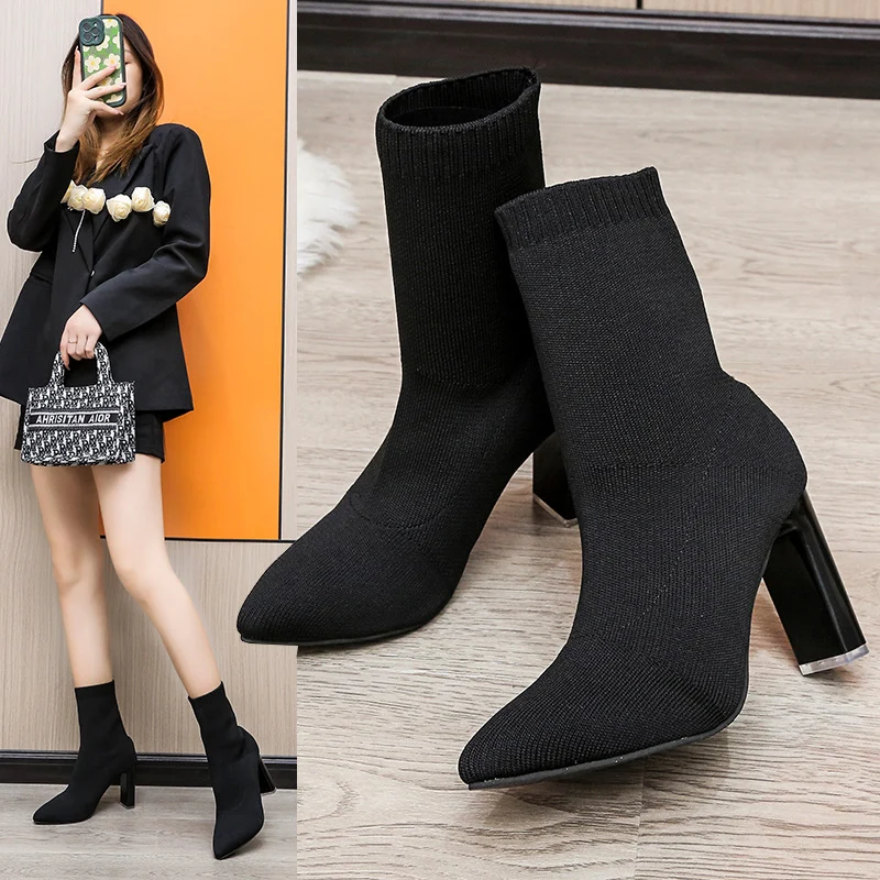 Damen Stretch‑Sock‑Boots mit gestricktem Schaft und konischem Blockabsatz Drune