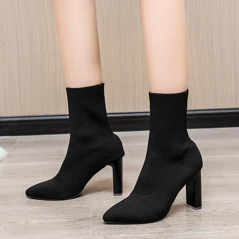 Damen Stretch‑Sock‑Boots mit gestricktem Schaft und konischem Blockabsatz Drune