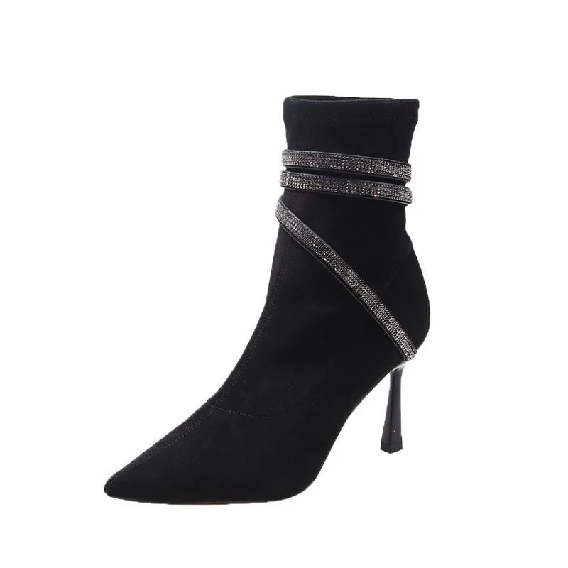 Damen Stiefeletten mit spitzer Zehenpartie, Veloursoptik und funkelnden Strass‑Riemchen Drune
