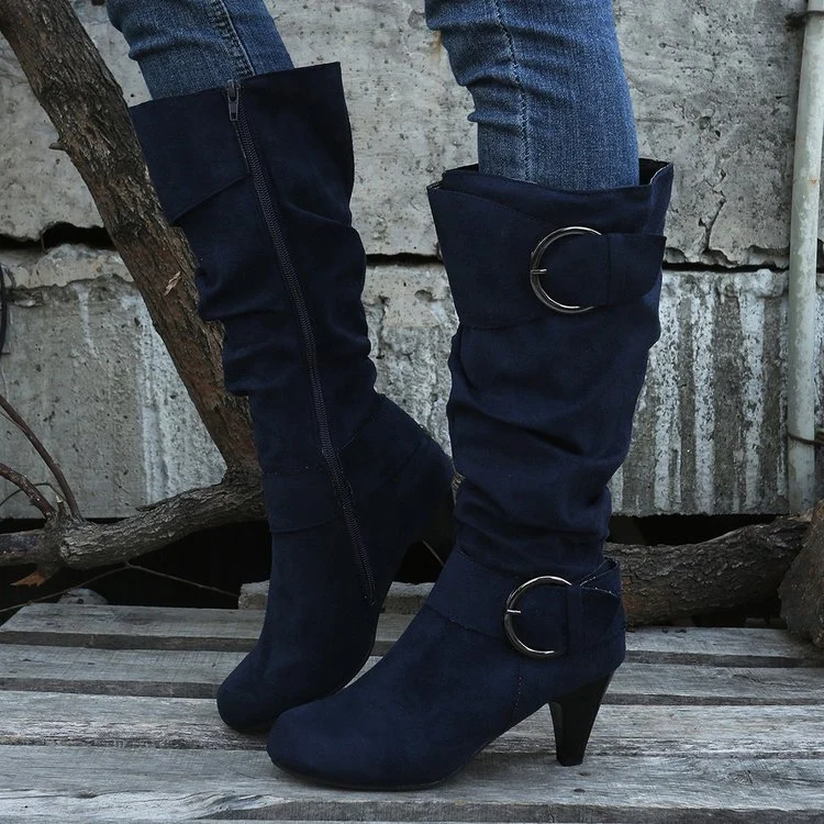 Damen Stiefel mit weichem Kunstvelours, Schlupf-Schaft und Zierschnallen Drune