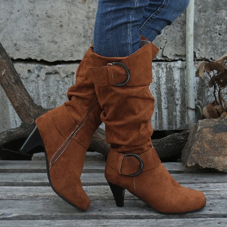 Damen Stiefel mit weichem Kunstvelours, Schlupf-Schaft und Zierschnallen Drune