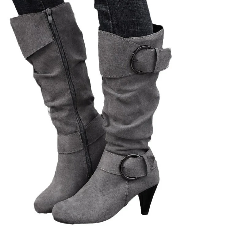 Damen Stiefel mit weichem Kunstvelours, Schlupf-Schaft und Zierschnallen Drune