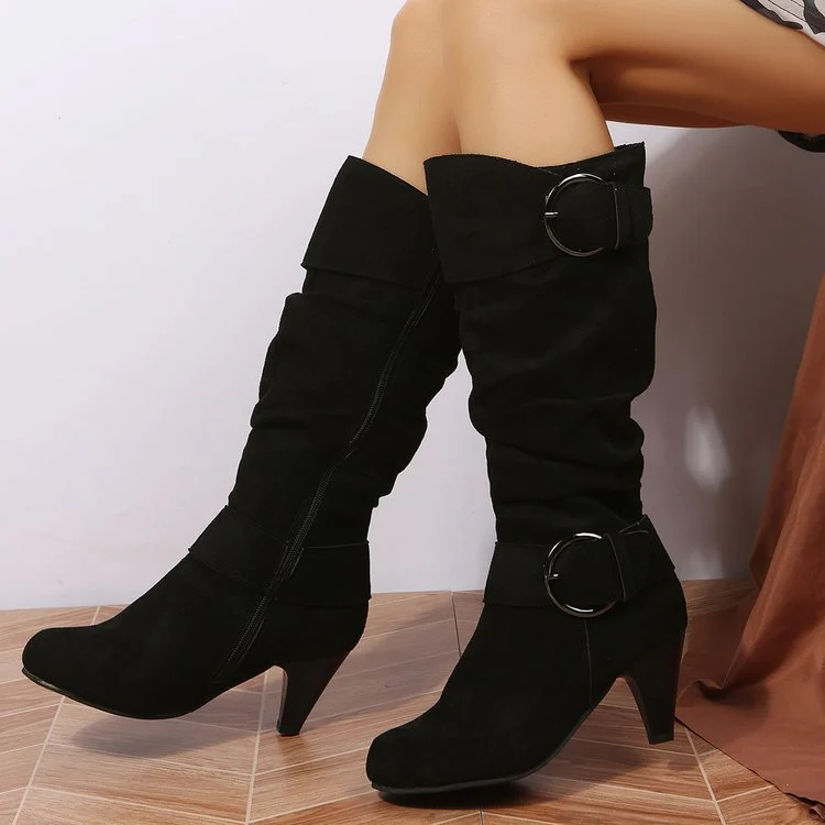 Damen Stiefel mit weichem Kunstvelours, Schlupf-Schaft und Zierschnallen Drune