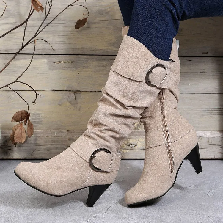 Damen Stiefel mit weichem Kunstvelours, Schlupf-Schaft und Zierschnallen Drune