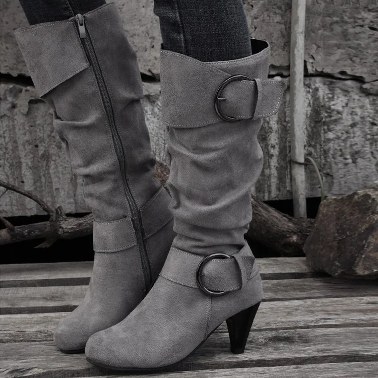Damen Stiefel mit weichem Kunstvelours, Schlupf-Schaft und Zierschnallen Drune