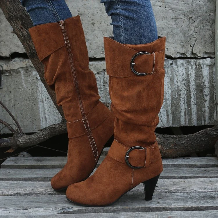 Damen Stiefel mit weichem Kunstvelours, Schlupf-Schaft und Zierschnallen Drune