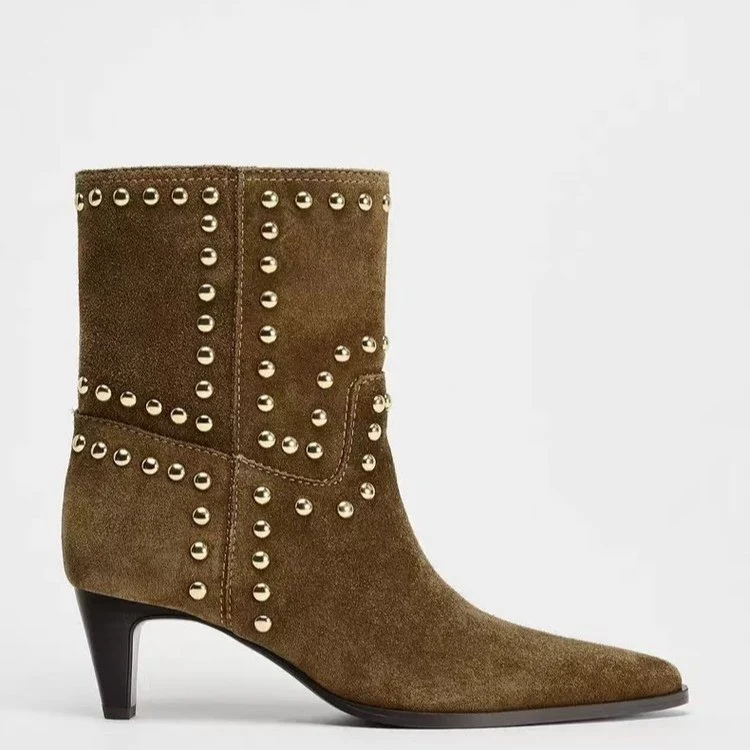 Damen spitze Velours‑Optik Stiefelette mit Nietenbesatz und niedrigem Pfennigabsatz Drune