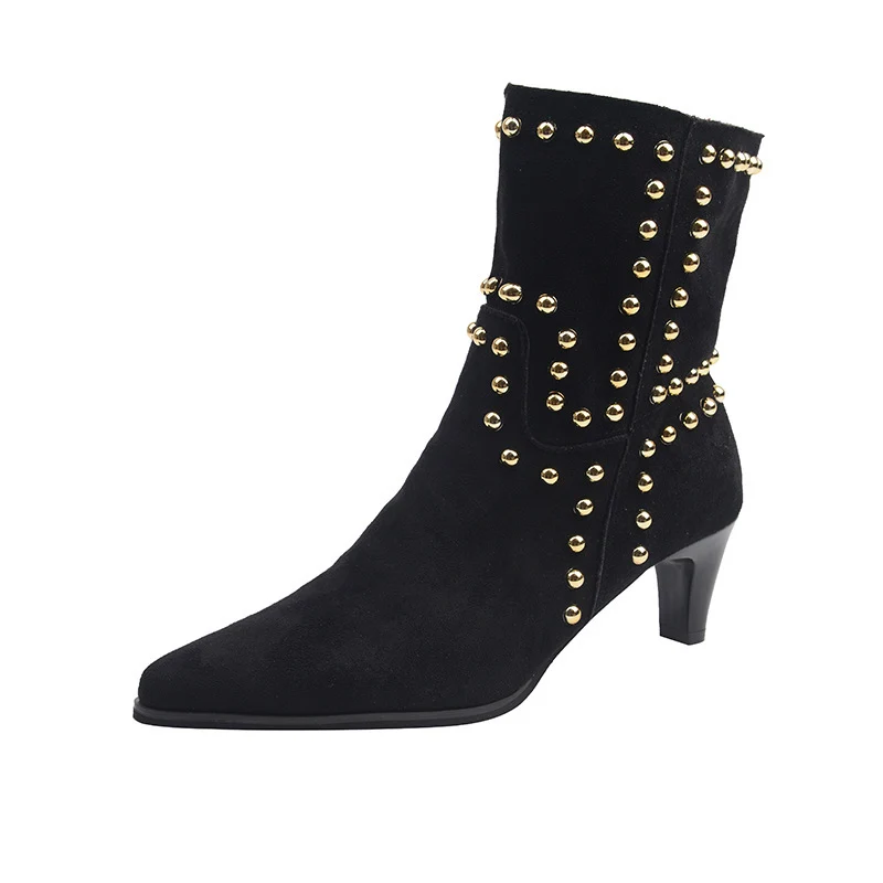 Damen spitze Velours‑Optik Stiefelette mit Nietenbesatz und niedrigem Pfennigabsatz Drune