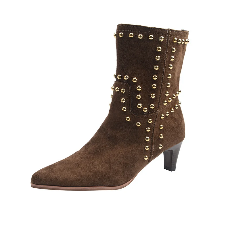 Damen spitze Velours‑Optik Stiefelette mit Nietenbesatz und niedrigem Pfennigabsatz Drune