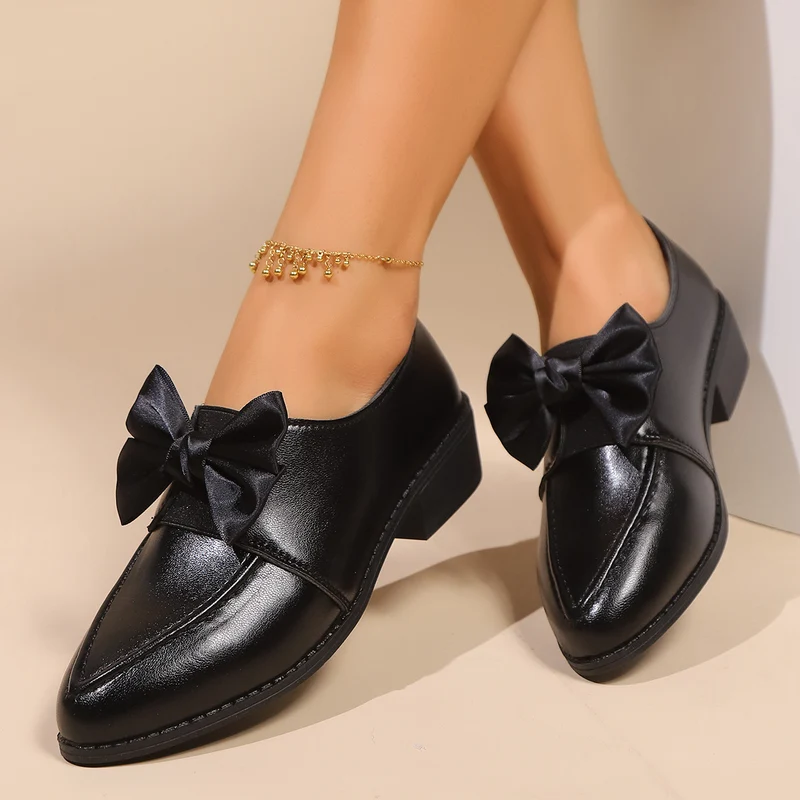 Damen Spitz zulaufende Loafer mit dekorativer Satin-Schleife und flachem Blockabsatz Drune