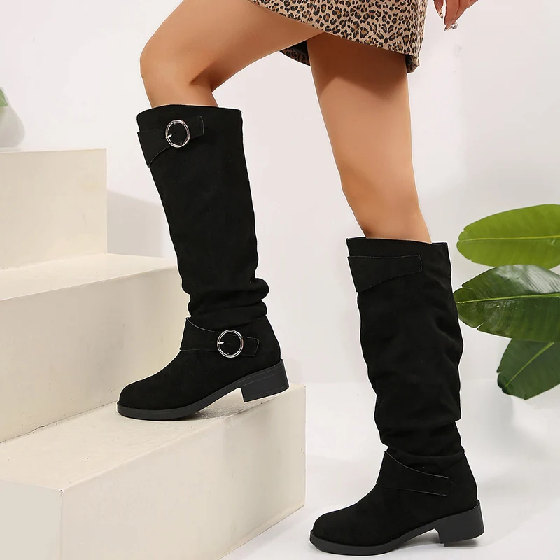 Damen Slouch-Stiefel mit verstellbaren Zier-Schnallen und Veloursoptik Schaft Drune