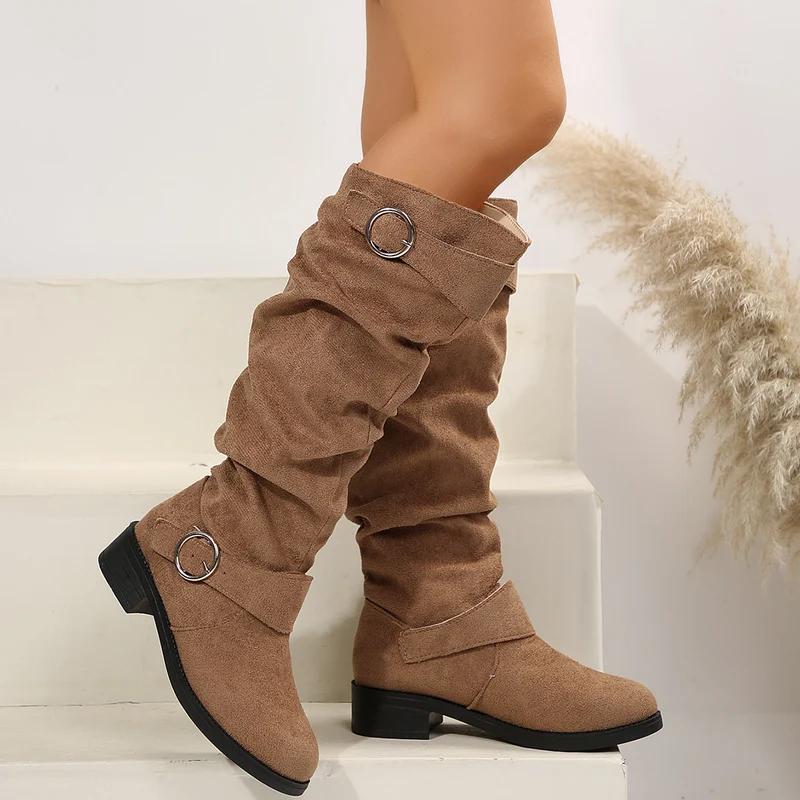 Damen Slouch-Stiefel mit verstellbaren Zier-Schnallen und Veloursoptik Schaft Drune