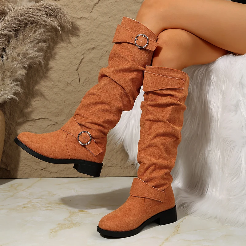 Damen Slouch-Stiefel mit verstellbaren Zier-Schnallen und Veloursoptik Schaft Drune