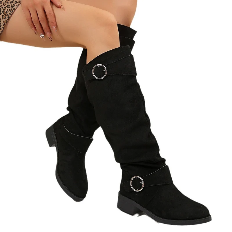 Damen Slouch-Stiefel mit verstellbaren Zier-Schnallen und Veloursoptik Schaft Drune