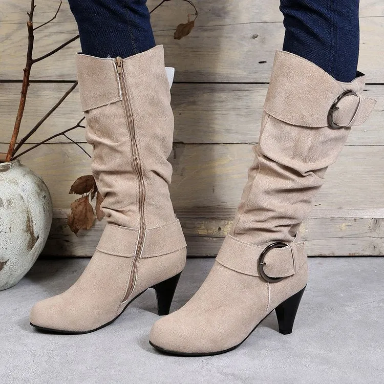 Damen Slouch‑Stiefel mit konischem Absatz, spitzer Leiste und Zierschnallen Drune