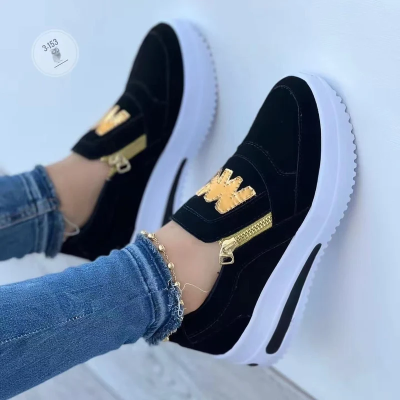 Damen Slip‑On Plateau‑Sneaker im Mokassin‑Look mit goldener Zipper‑Applikation Drune
