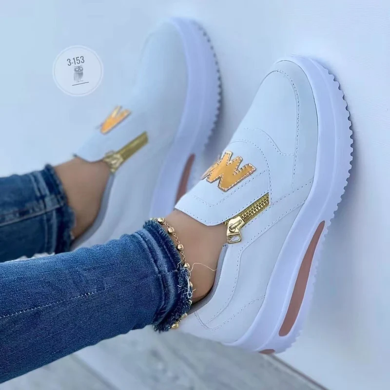 Damen Slip‑On Plateau‑Sneaker im Mokassin‑Look mit goldener Zipper‑Applikation Drune