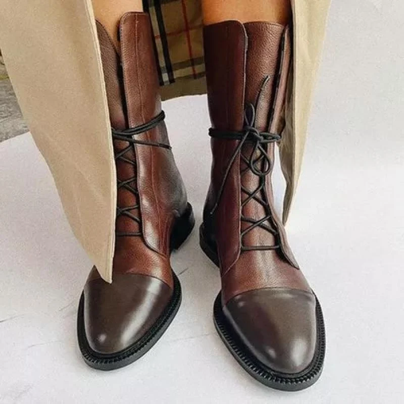 Damen Schnürstiefel mit spitzer Kappenaht und mittelhohem Schaft aus strukturiertem Obermaterial Drune