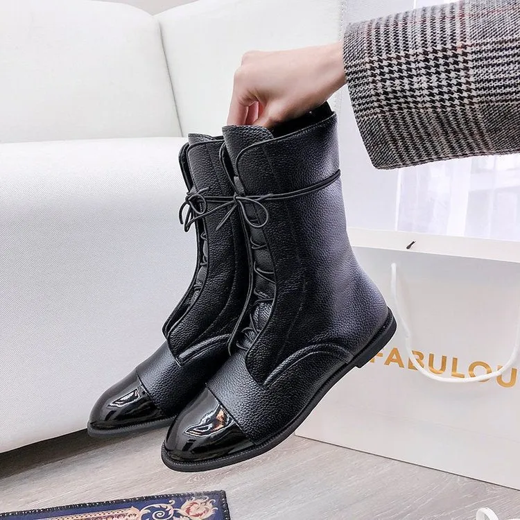 Damen Schnürstiefel mit spitzer Kappenaht und mittelhohem Schaft aus strukturiertem Obermaterial Drune