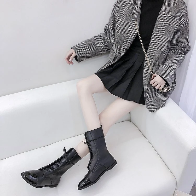 Damen Schnürstiefel mit spitzer Kappenaht und mittelhohem Schaft aus strukturiertem Obermaterial Drune